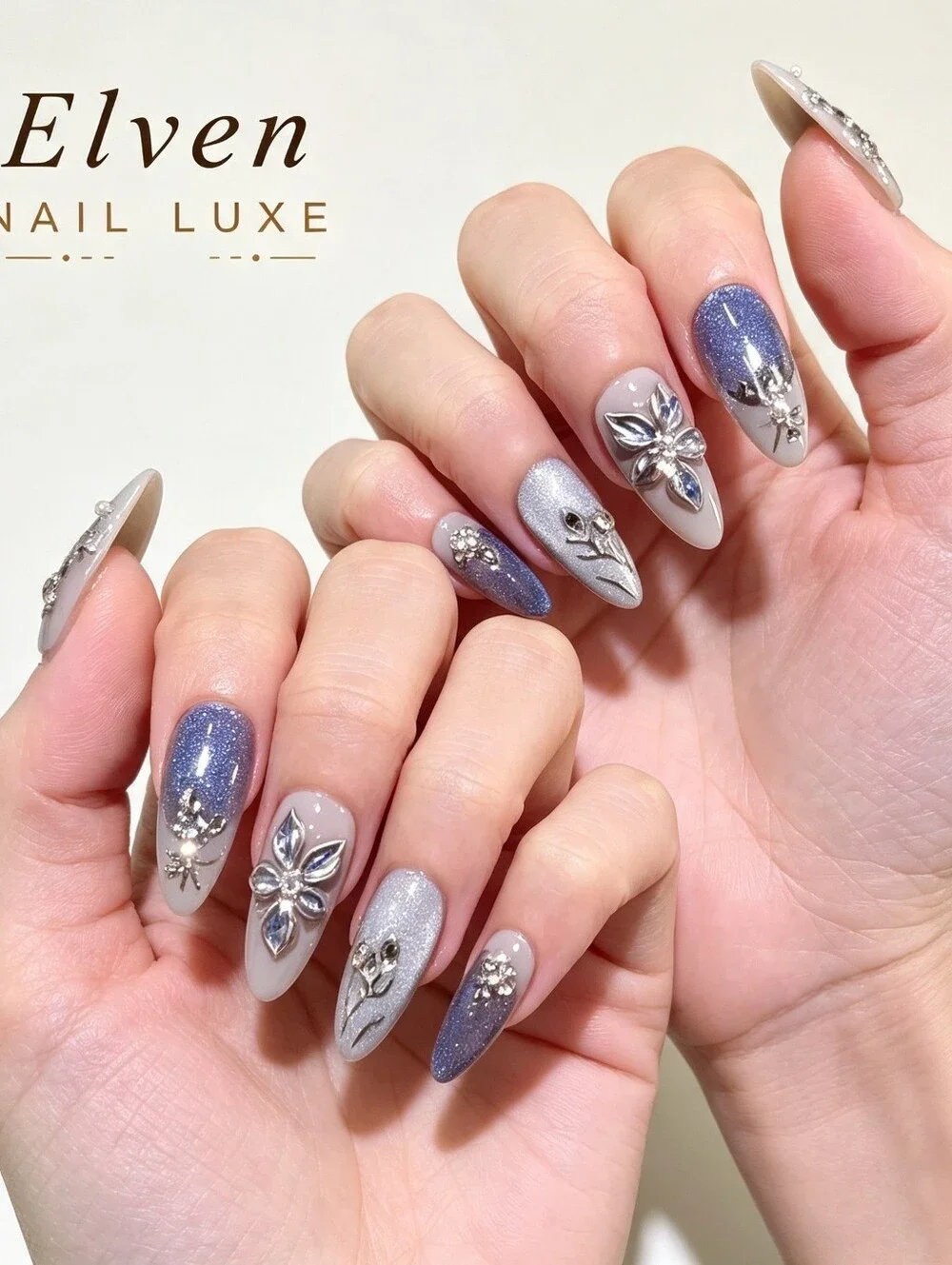 Silver and Blue Cat Eye Crystal With Floral Medium Almond Press On Nails